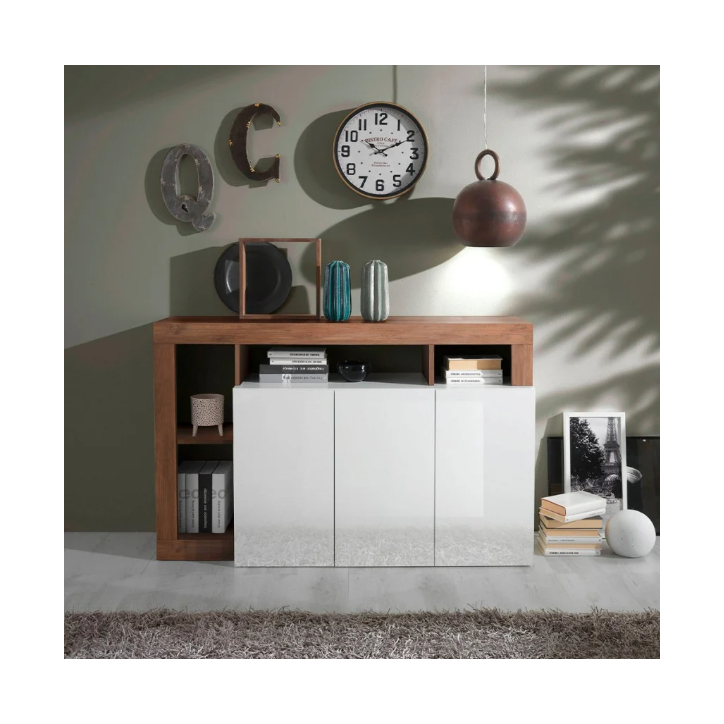Buffet HAMBURG 3 portes – Blanc laqué brillant / Bois Mercure